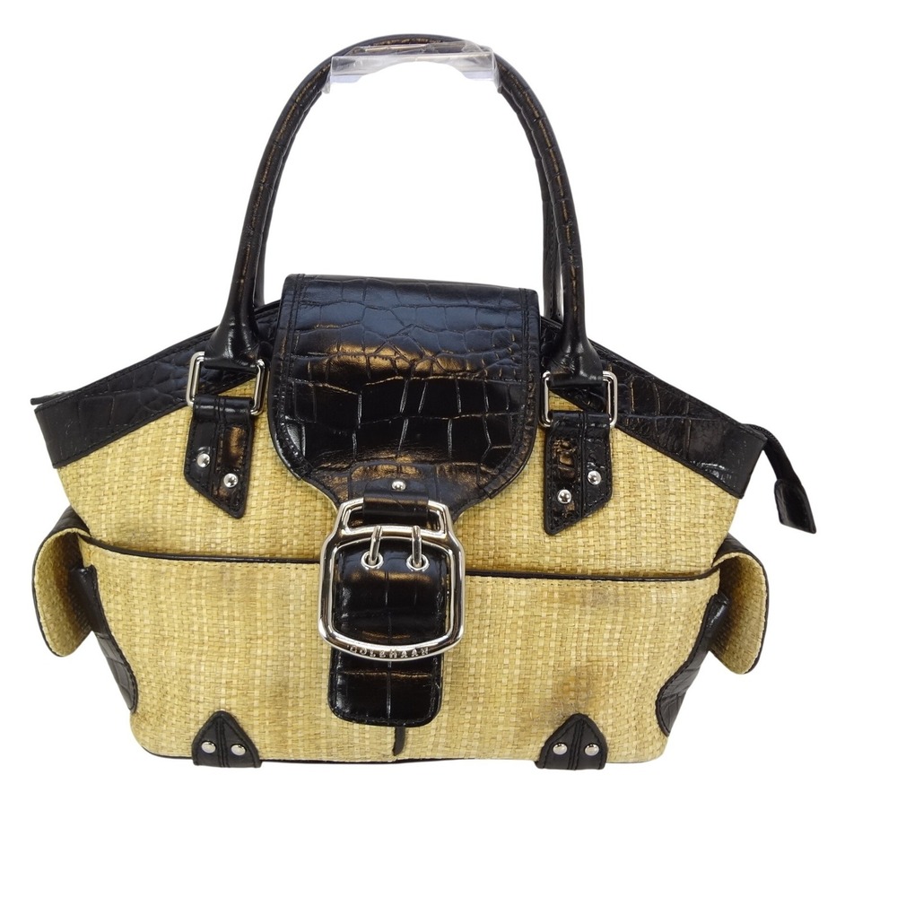 Cole Haan Amanda Straw Satchel Womens Medium Tan Black Croc Embossed Trim
